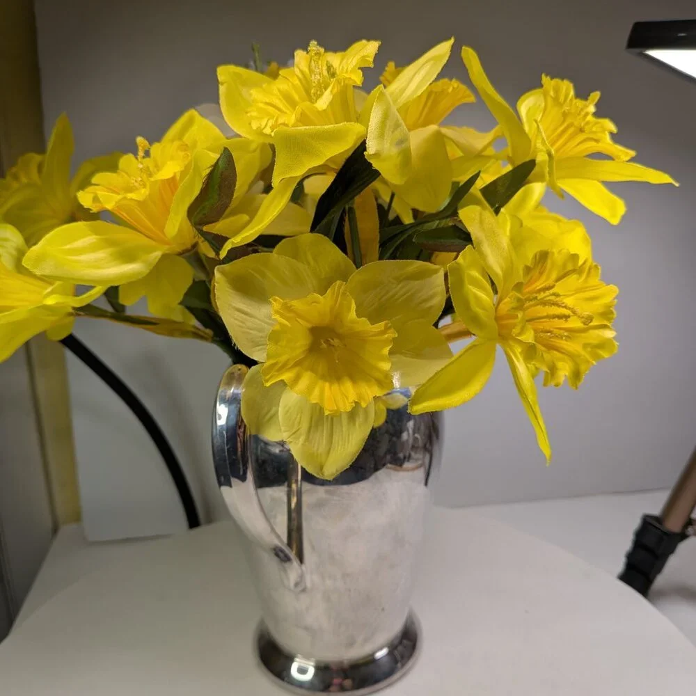 Water Pitcher Silver Plated by Academy w Daffodil Flowers FOOD SAFE